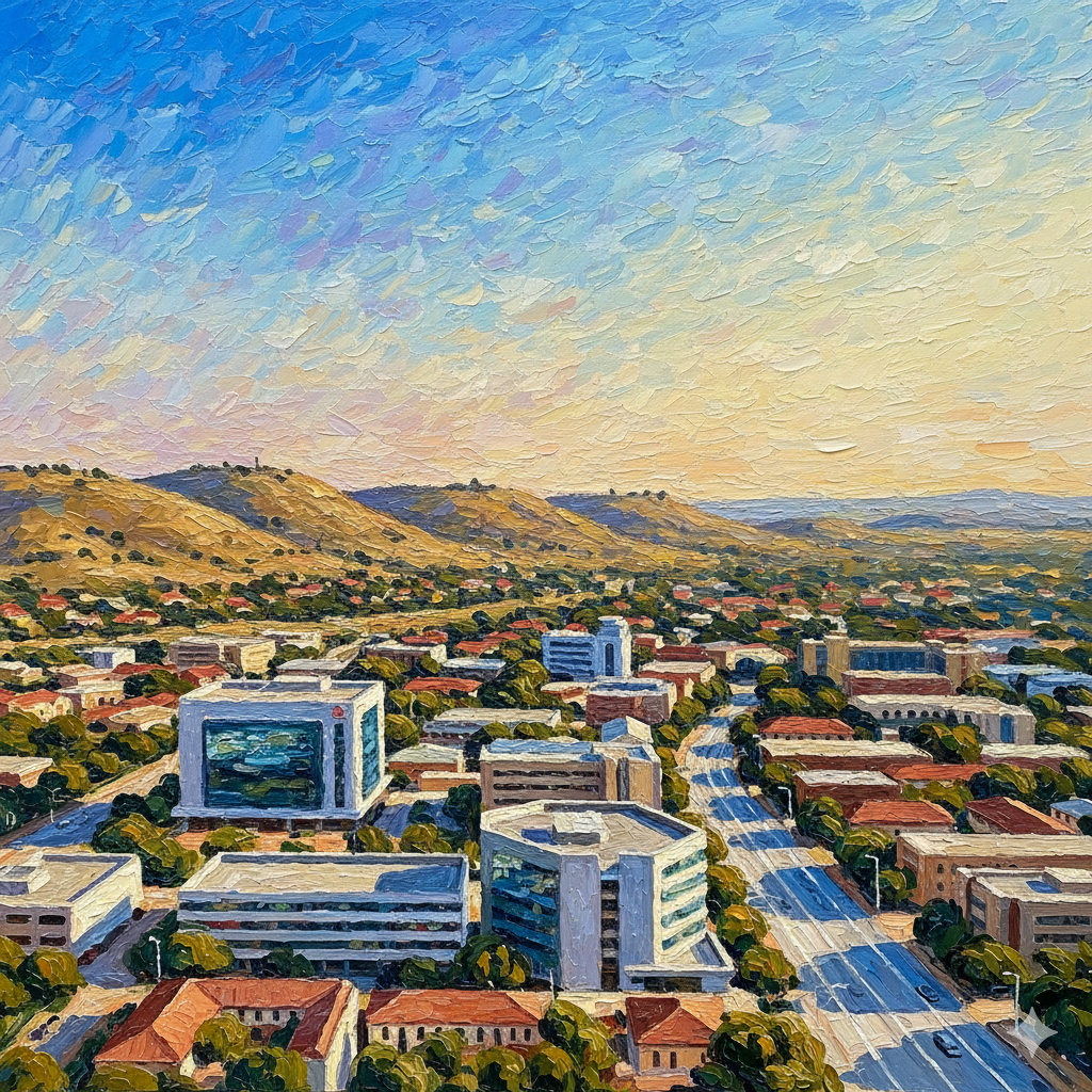 Oil painting of Gaborone cityscape with modern buildings, traditional red-roofed structures, green trees, and rolling hills under a vibrant blue sky